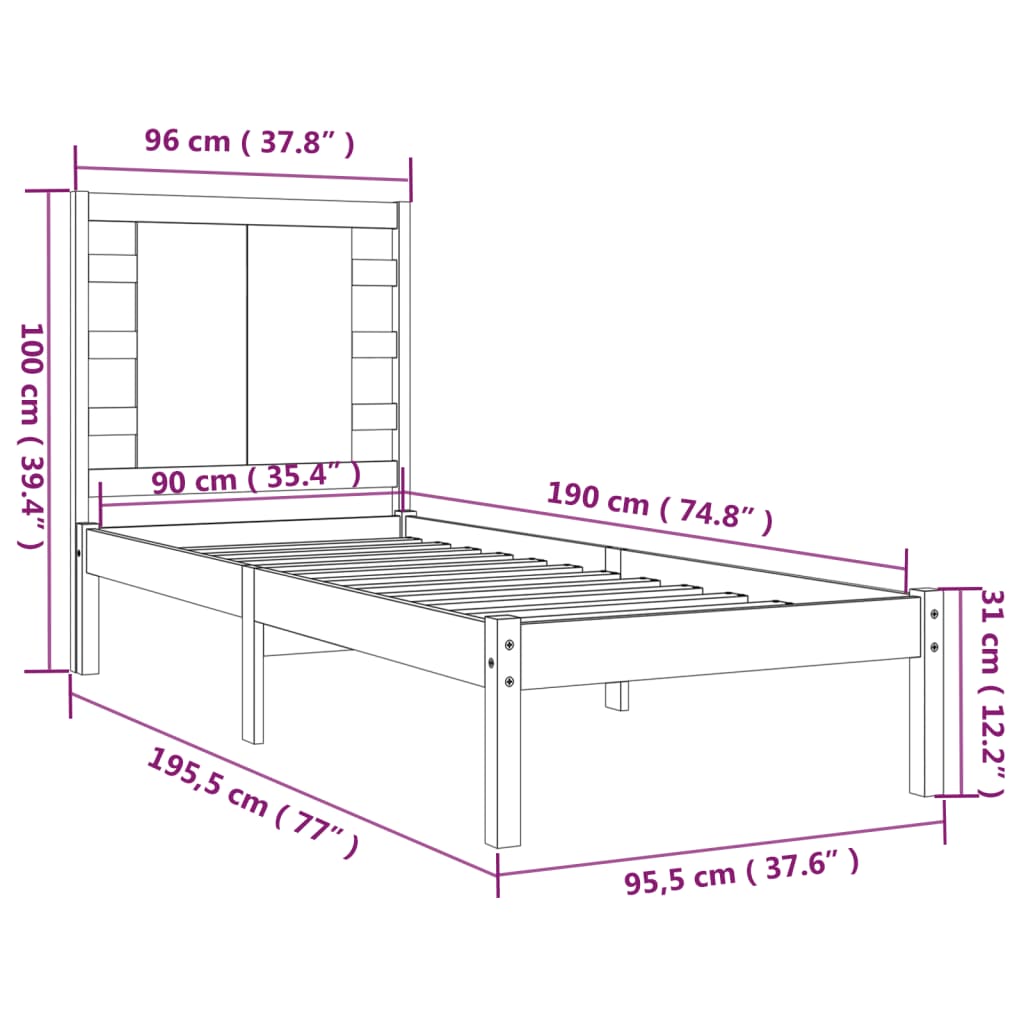 vidaXL Rám postele bílý masivní dřevo 90 x 190 cm jednolůžko