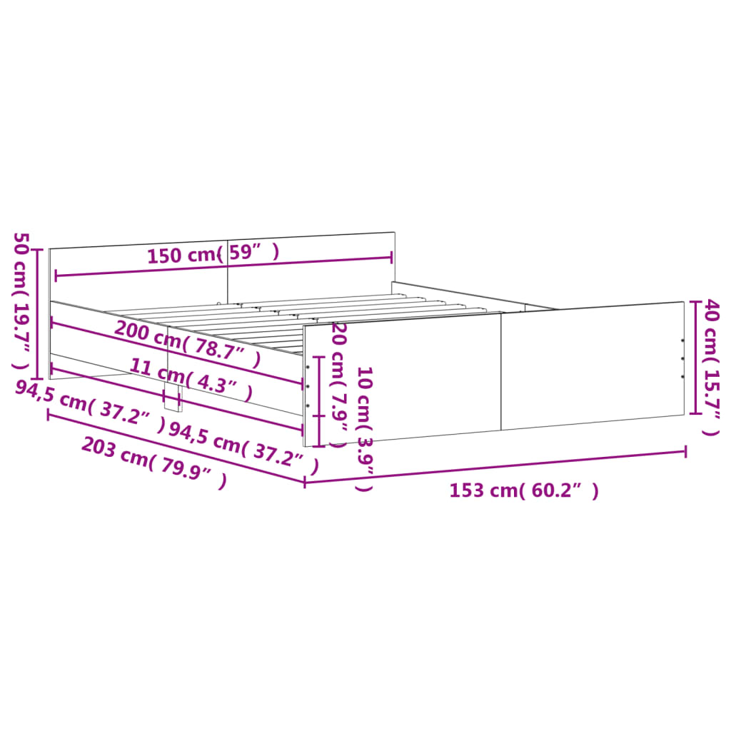 vidaXL Rám postele s hlavovým a nožním čelem kouřový dub 150 x 200 cm