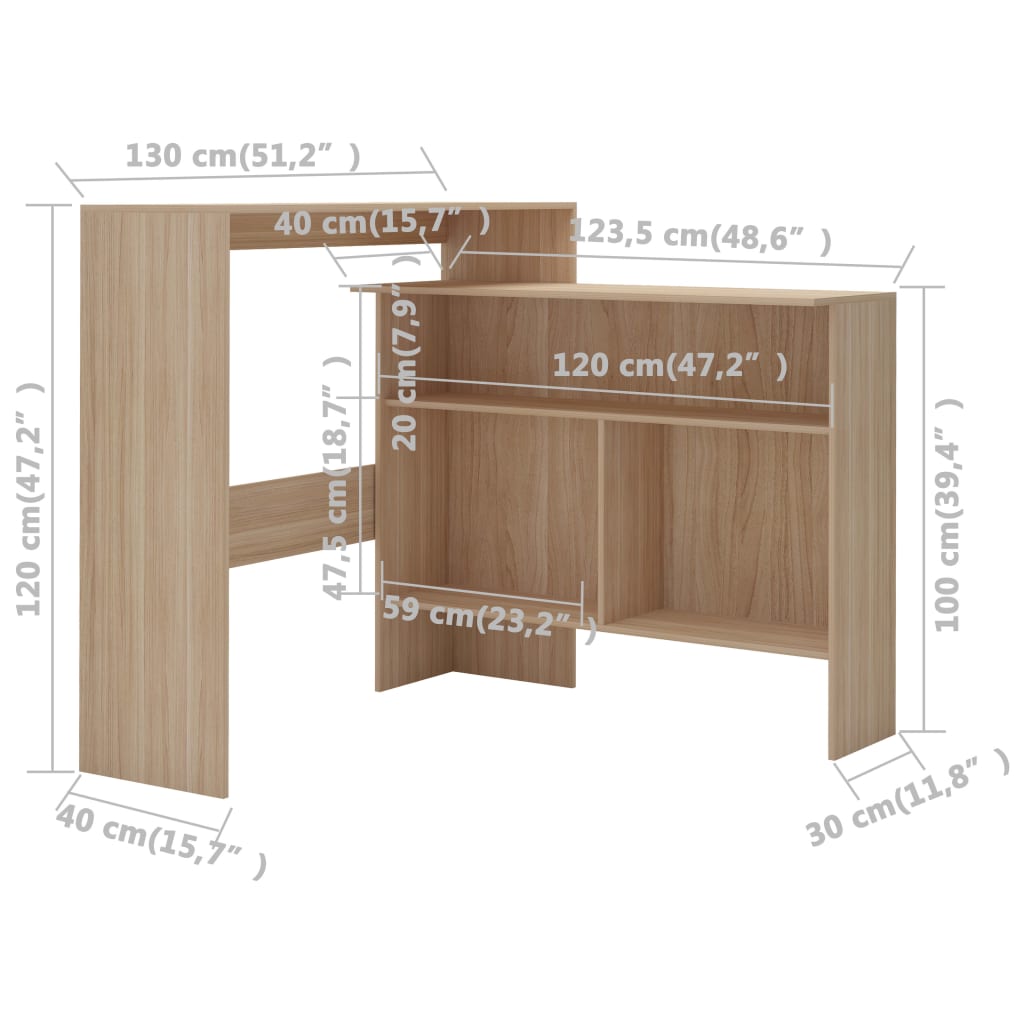 vidaXL Barový stůl se 2 stolními deskami dub 130 x 40 x 120 cm