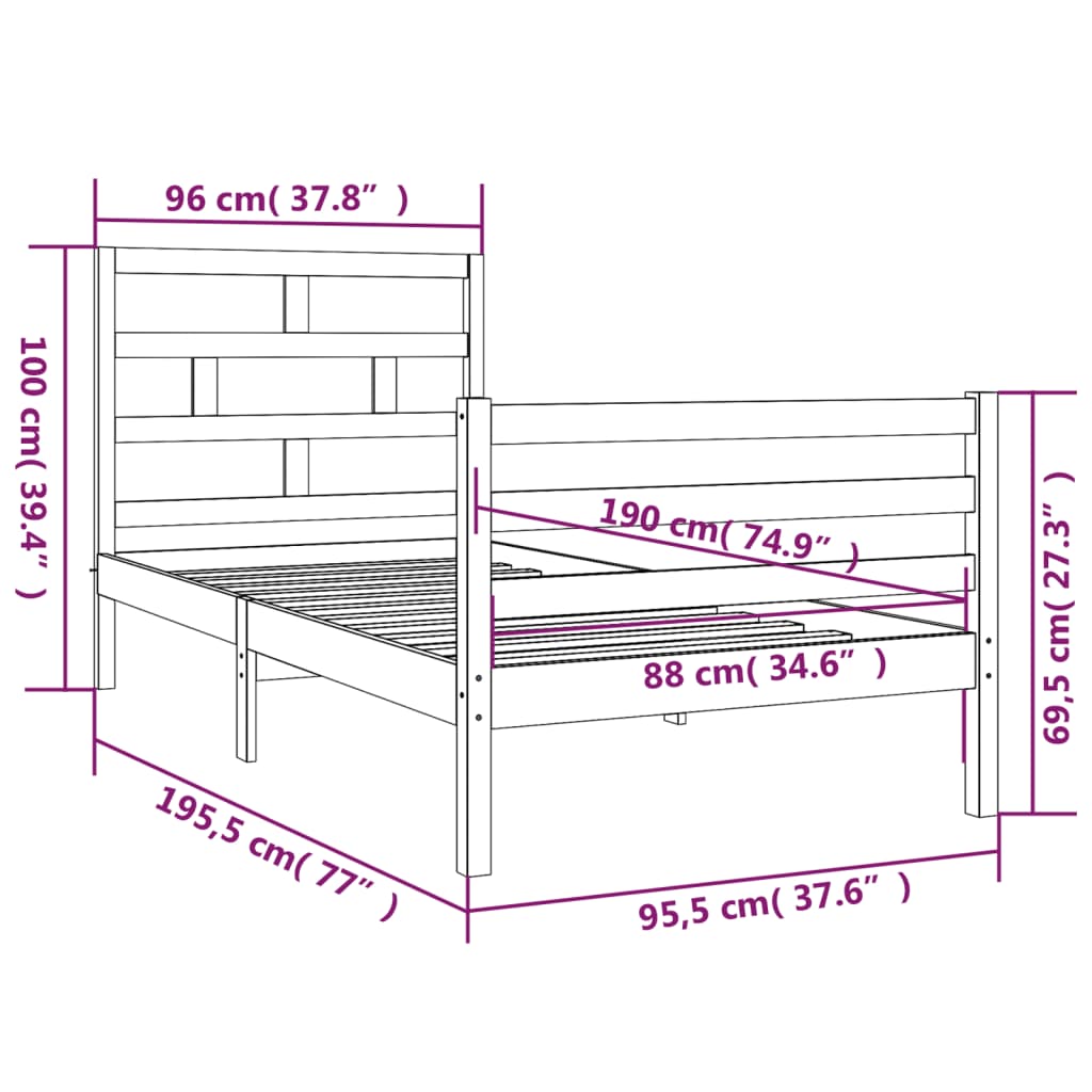 vidaXL Rám postele bílý 90 x 190 cm Single masivní dřevo