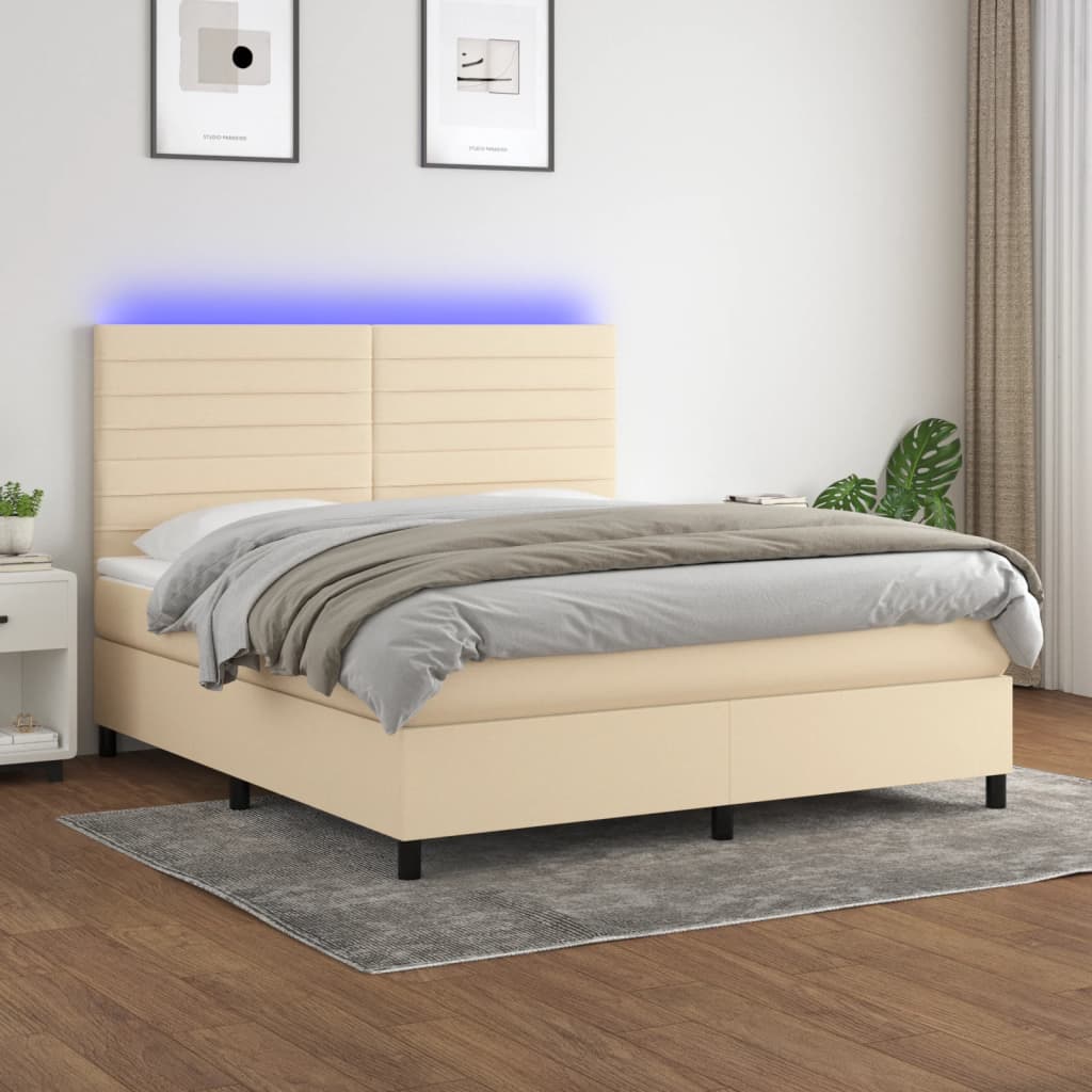 vidaXL Box spring postel s matrací a LED krémová 180x200 cm textil