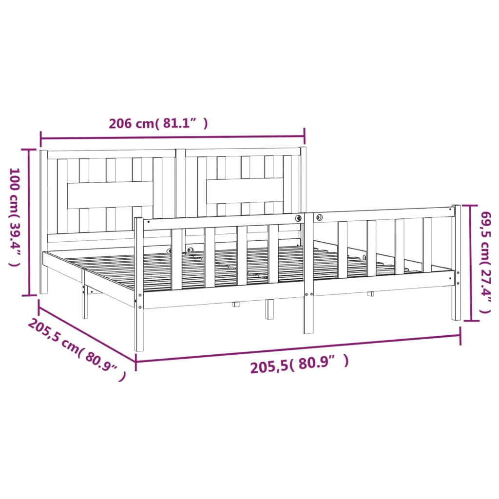 vidaXL Rám postele s čelem šedý masivní borové dřevo 200 x 200 cm