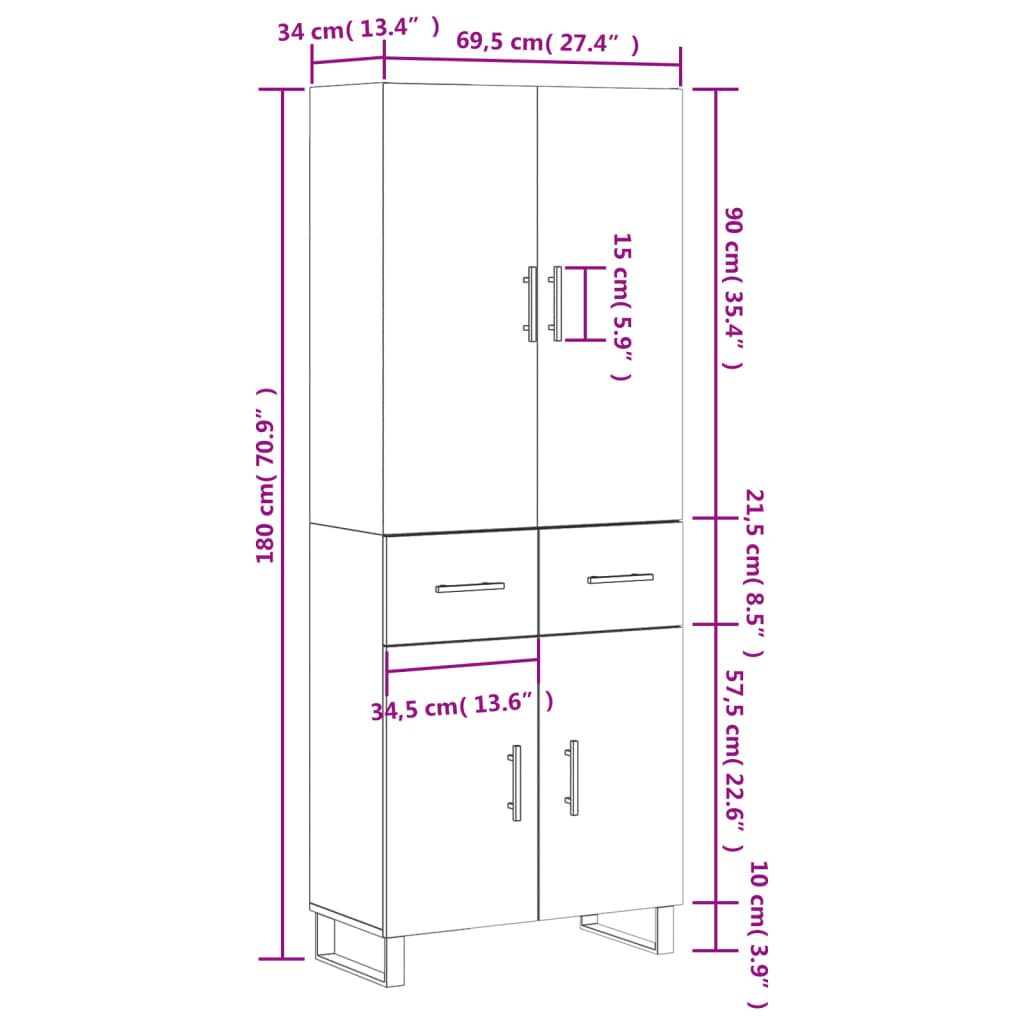 vidaXL Skříň highboard hnědý dub 69,5 x 34 x 180 cm kompozitní dřevo