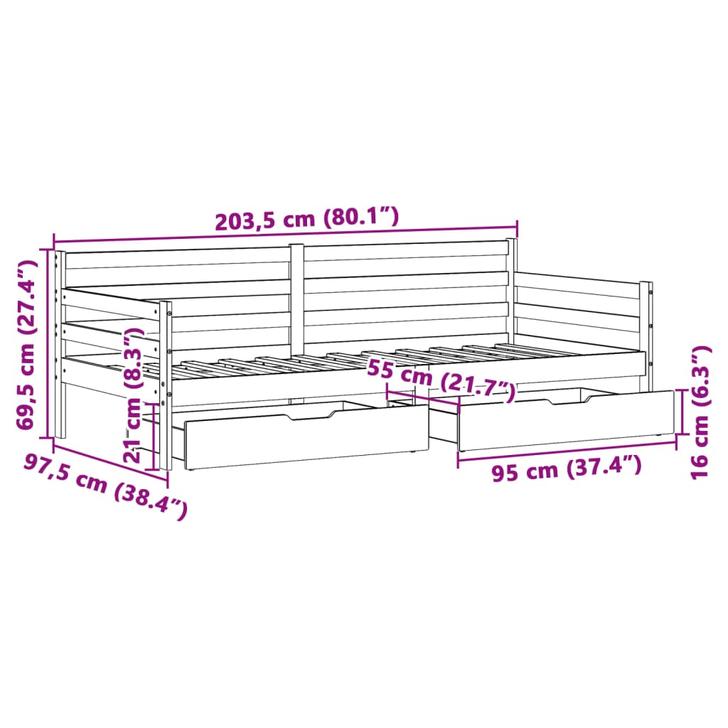 vidaXL Válenda se zásuvkami 90 x 200 cm masivní borovice