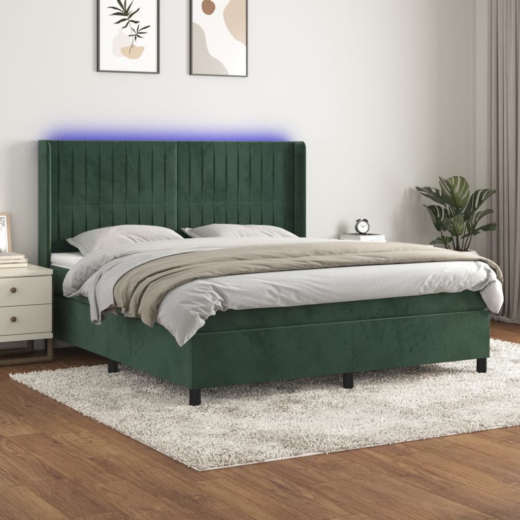 vidaXL Box spring postel s matrací a LED tmavě zelená 160x200 cm samet