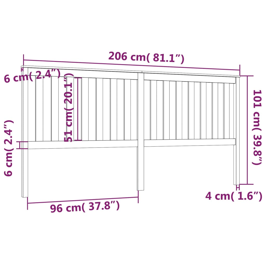 vidaXL Čelo postele černé 206 x 6 x 101 cm masivní borovice