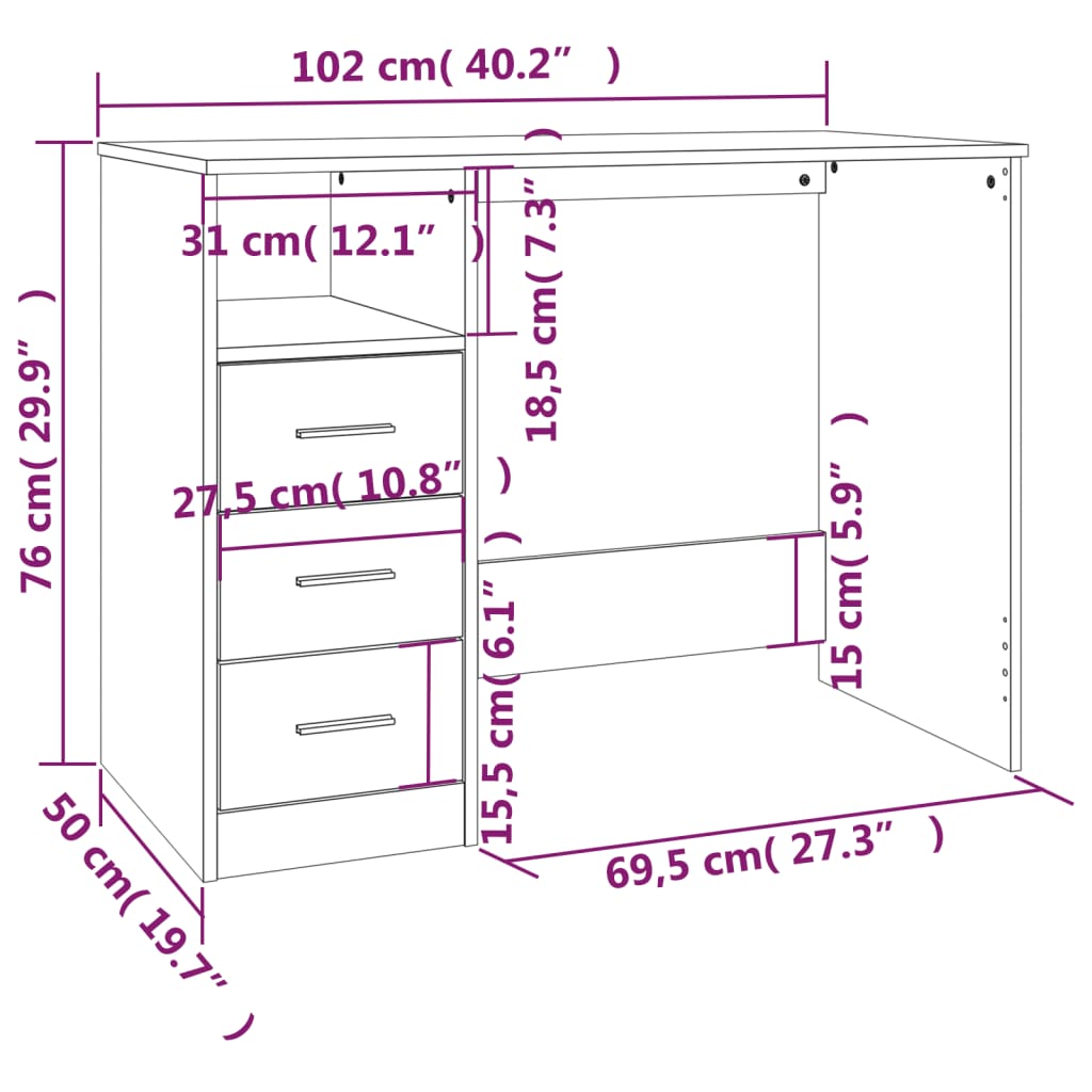 vidaXL Psací stůl se zásuvkami bílý vysoký lesk 102x50x76 cm kompozit