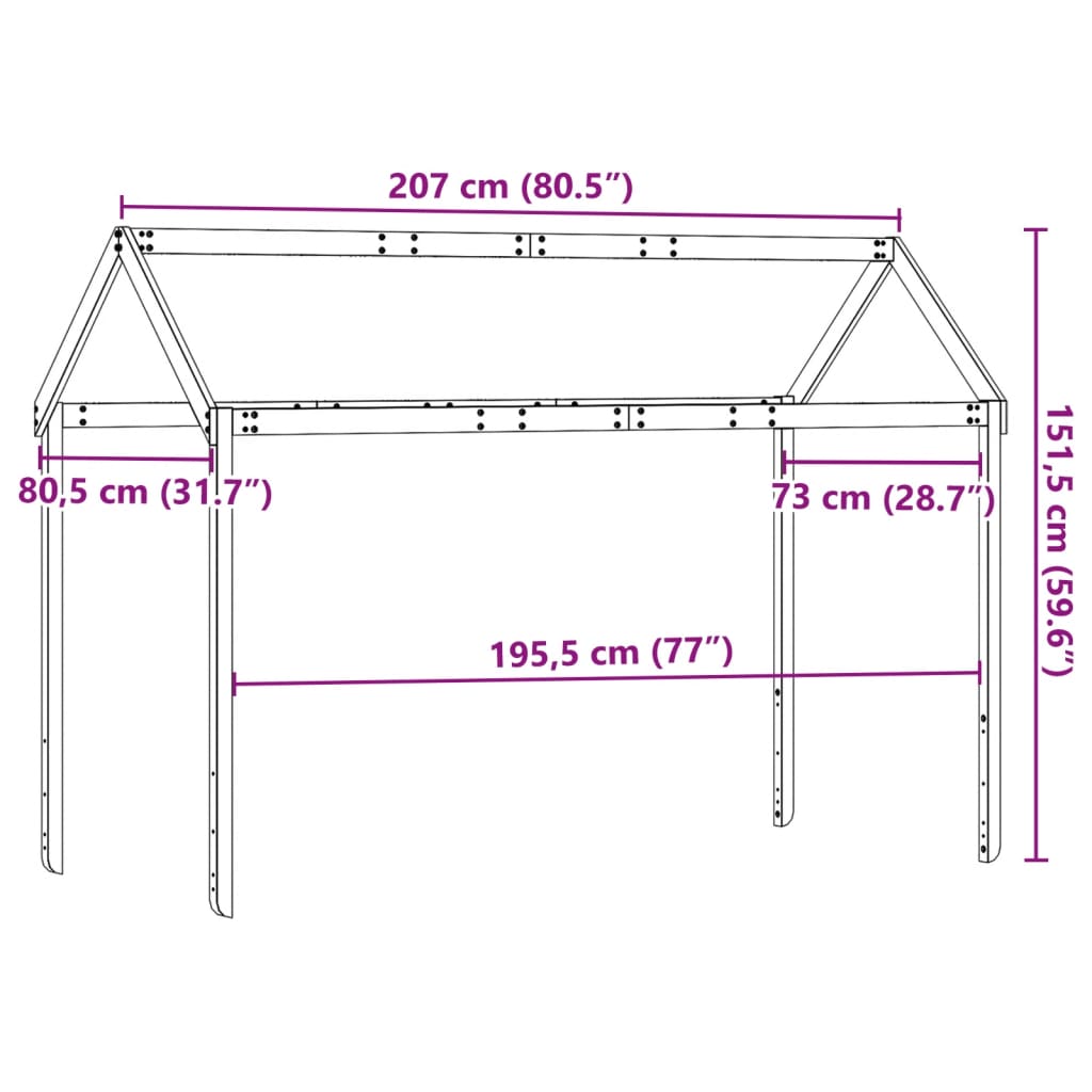 vidaXL Střecha na dětskou postel hnědá 207x80,5x151,5 cm borové dřevo