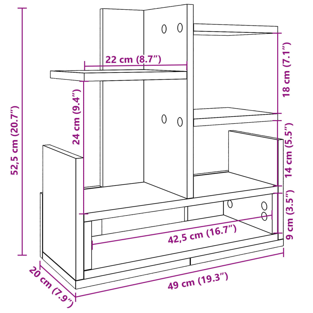 vidaXL Stolní organizér šedý sonoma 49 x 20 x 52,5 cm kompozitní dřevo