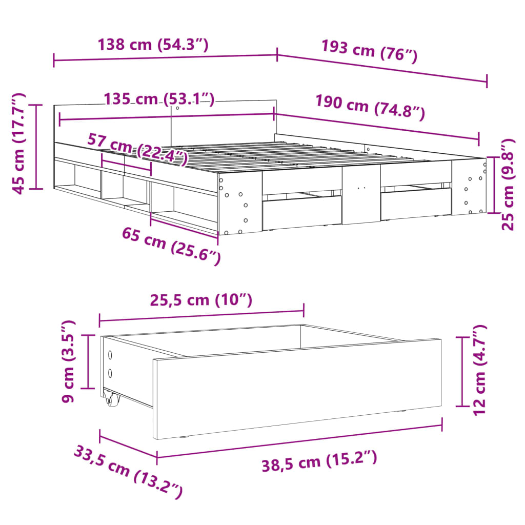 vidaXL Rám postele se zásuvkami černý 135 x 190 cm kompozitní dřevo