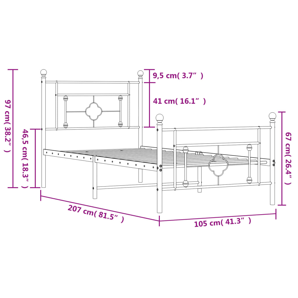 vidaXL Kovový rám postele s hlavovým a nožním čelem bílý 100 x 200 cm