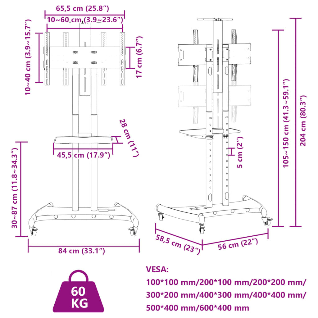 vidaXL TV stojan na kolečkách 32"–70" Max VESA 600 x 400 mm 60 kg