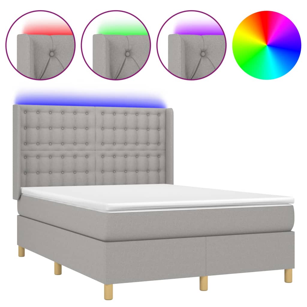 vidaXL Box spring postel s matrací a LED světle šedá 140x200 cm textil