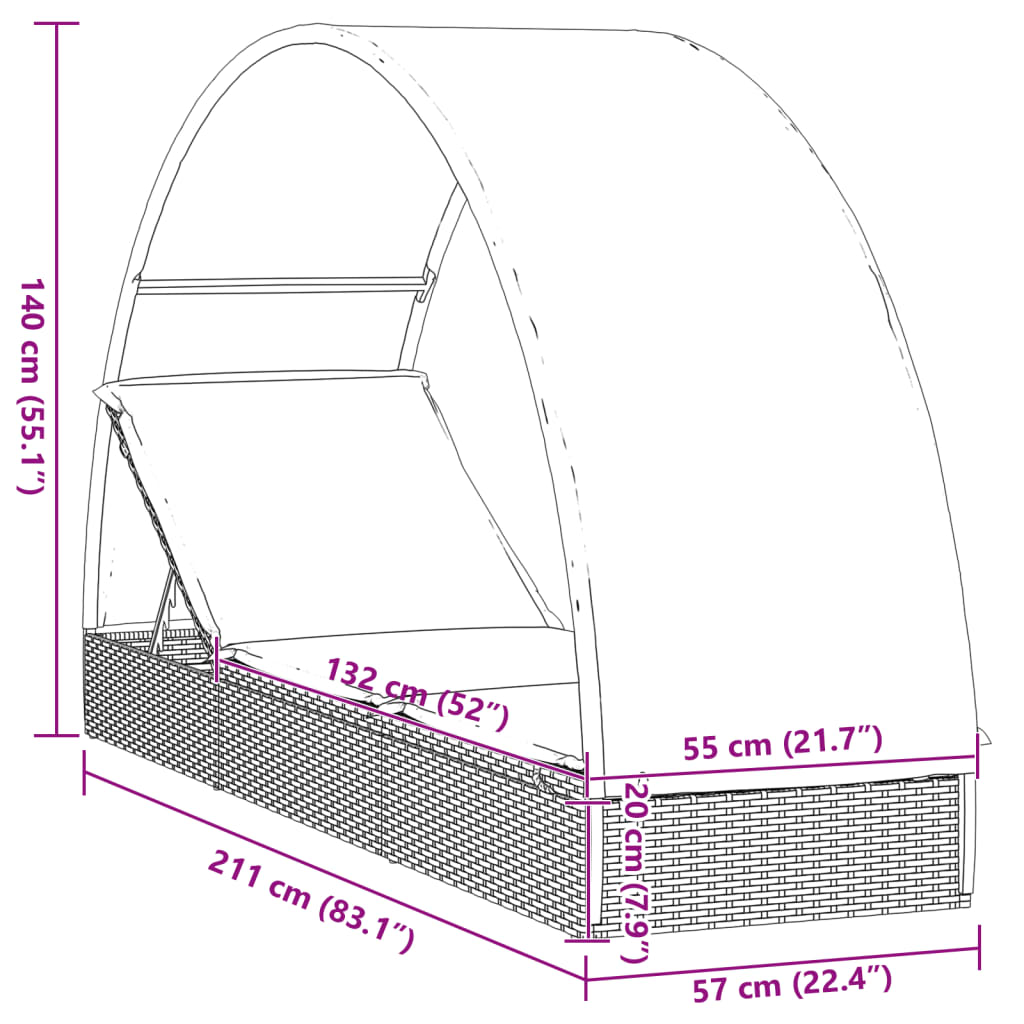 vidaXL Lehátko s kulatou střechou šedé 211 x 57 x 140 cm polyratan