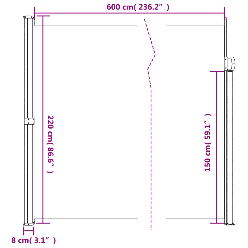 vidaXL Zatahovací boční markýza červená 220 x 600 cm