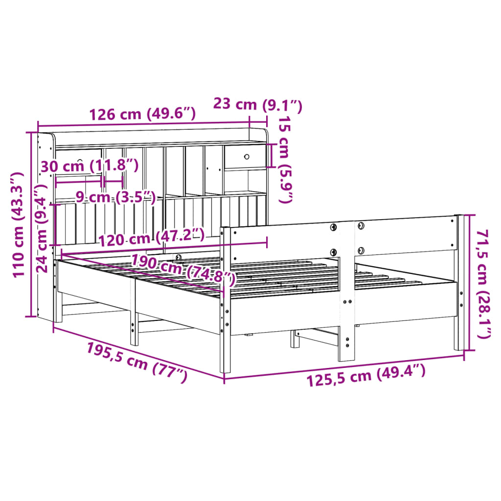 vidaXL Postel s knihovnou bez matrace bílá 120x190 cm masivní borovice