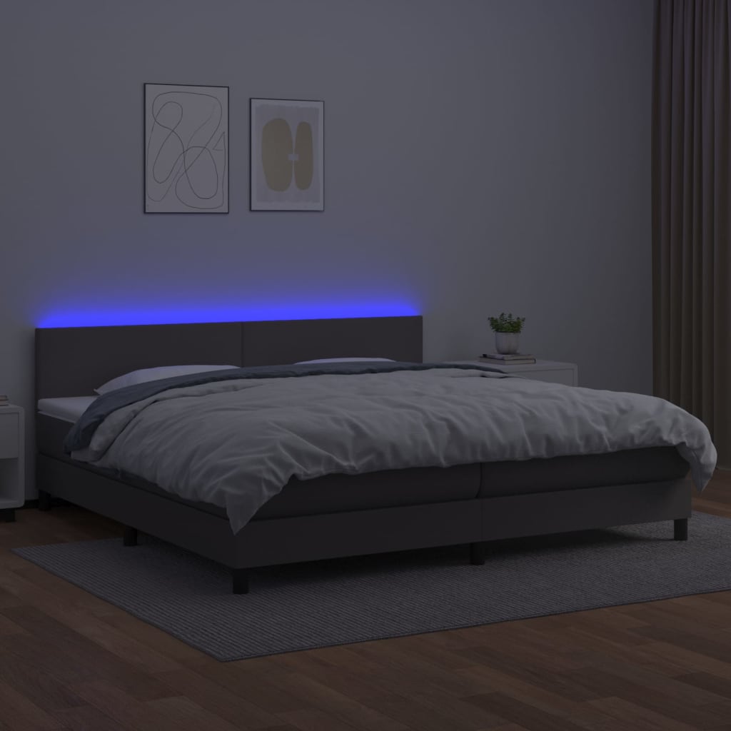 vidaXL Box spring postel s matrací a LED šedá 200x200 cm umělá kůže