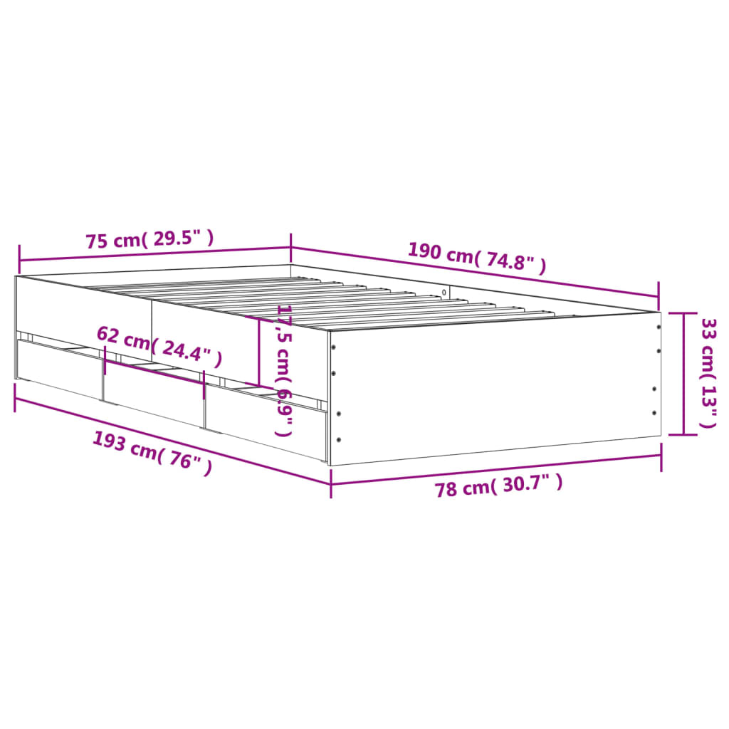 vidaXL Rám postele se zásuvkami kouřový dub 75x190 cm kompozitní dřevo