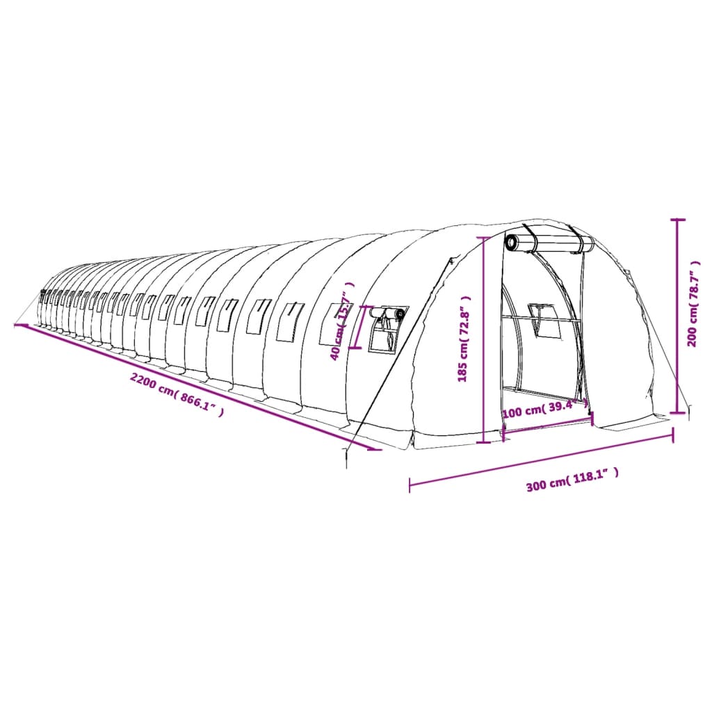 vidaXL Skleník s ocelovým rámem bílý 66 m² 22 x 3 x 2 m