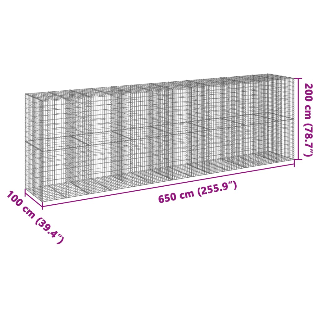 vidaXL Gabionový koš s víkem 650 x 100 x 200 cm pozinkované železo