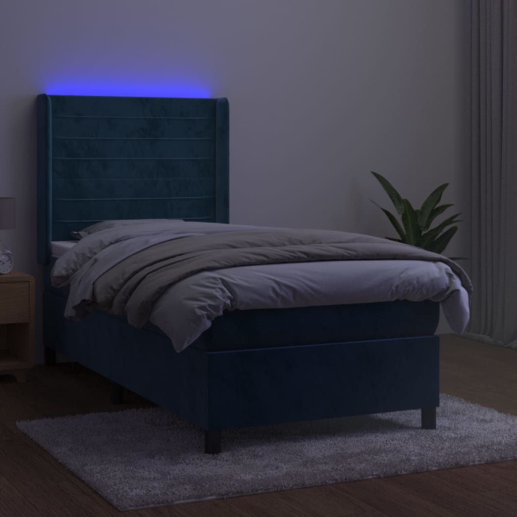 vidaXL Box spring postel s matrací a LED tmavě modrá 100x200 cm samet