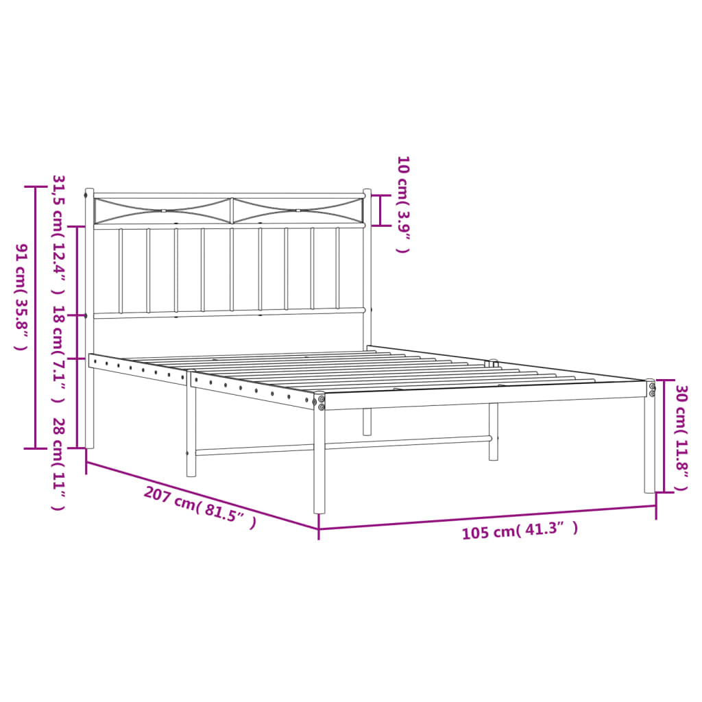 vidaXL Kovový rám postele s čelem bílý 100 x 200 cm