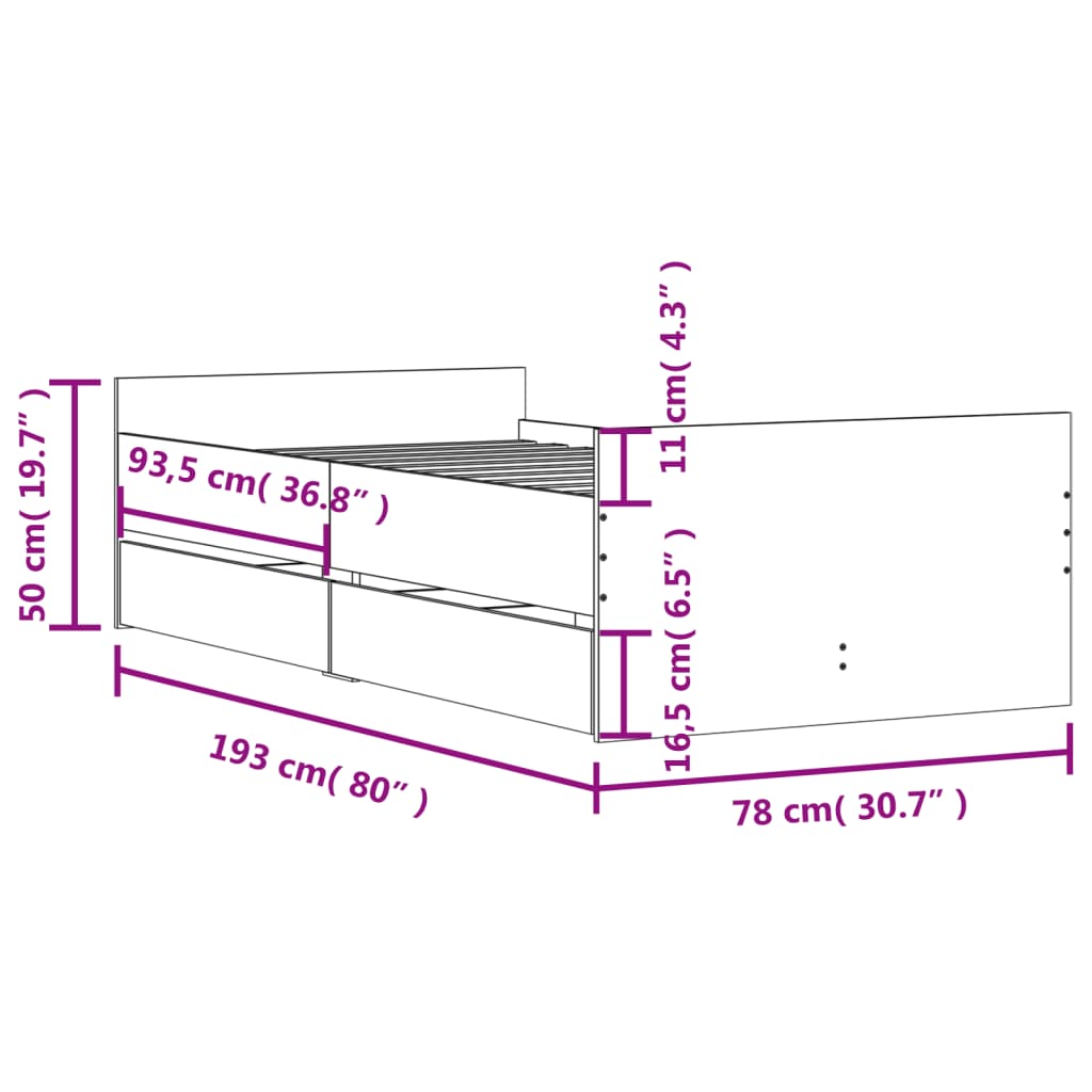 vidaXL Rám postele se zásuvkami hnědý dub 75 x 190 cm Small Single