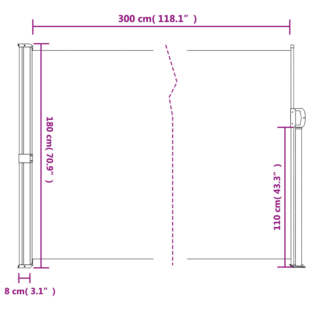 vidaXL Zatahovací boční markýza terakotová 180 x 300 cm