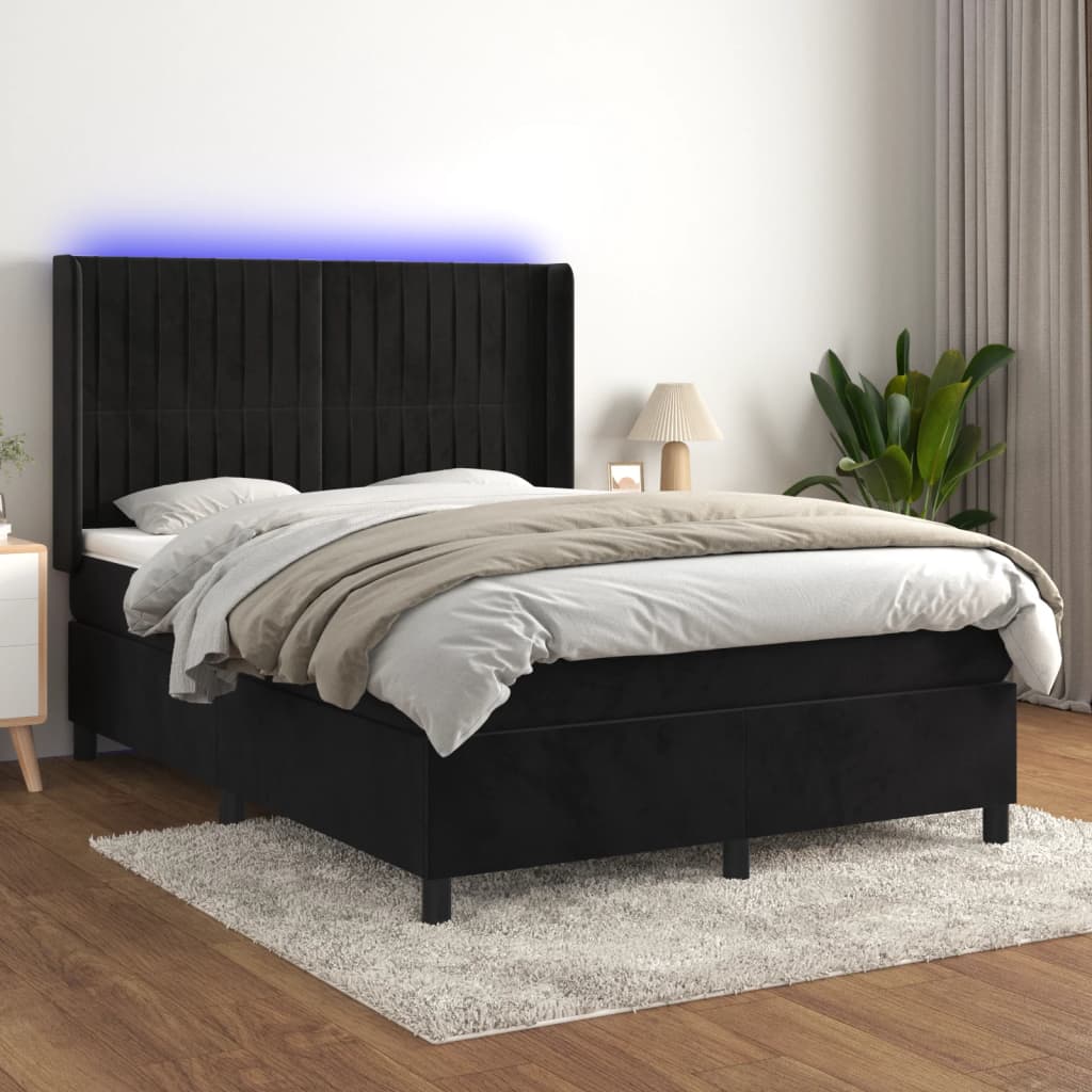 vidaXL Box spring postel s matrací a LED černá 140x200 cm samet