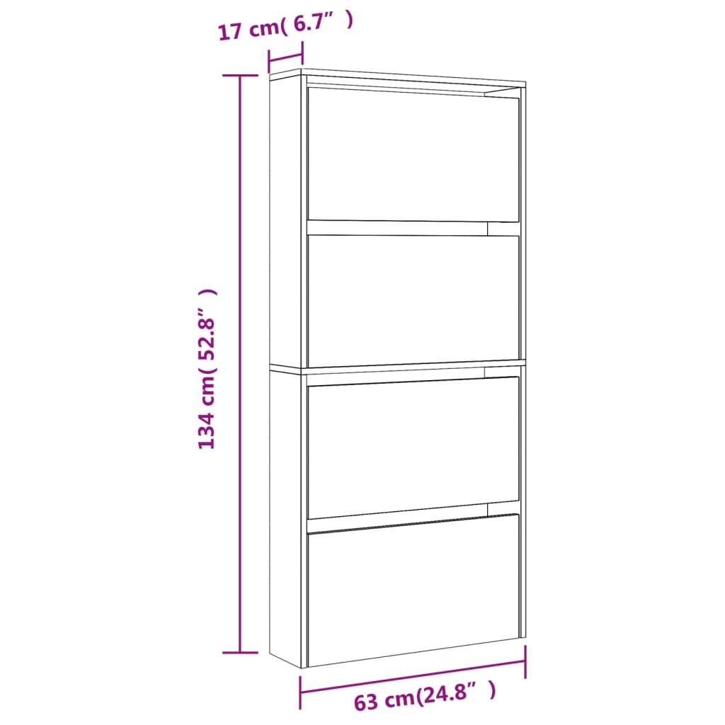 vidaXL Botník se zrcadlem 4patrový šedý sonoma 63 x 17 x 134 cm