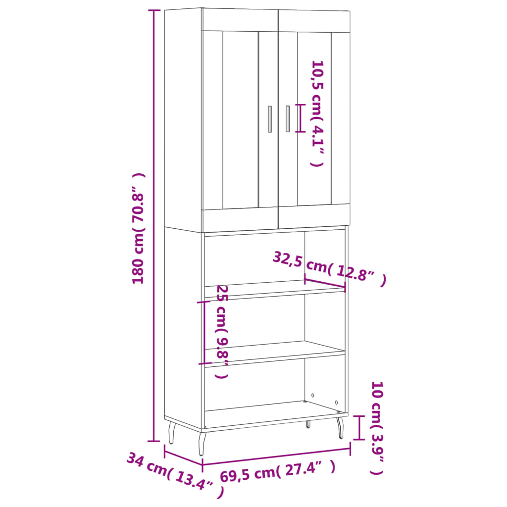 vidaXL Skříň highboard kouřový dub 69,5 x 34 x 180 cm kompozitní dřevo