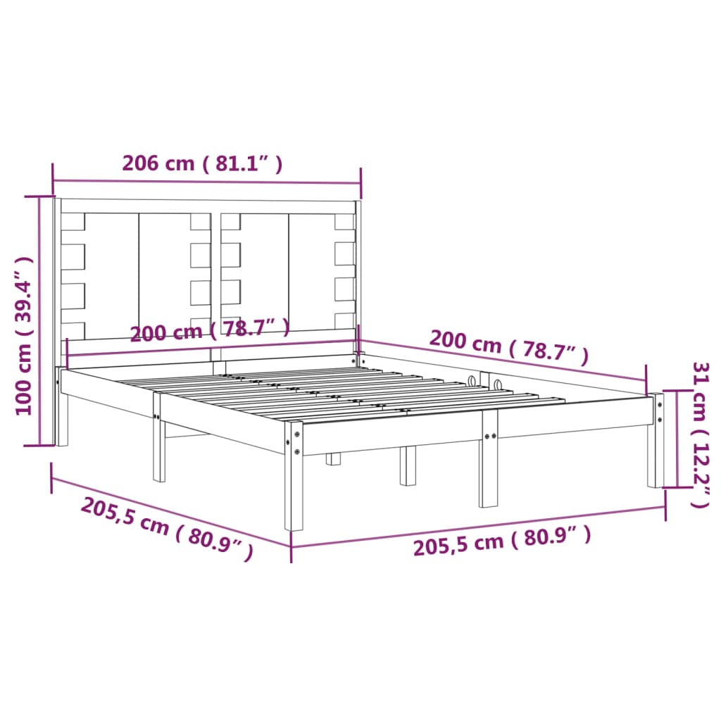 vidaXL Rám postele černý masivní borovice 200 x 200 cm