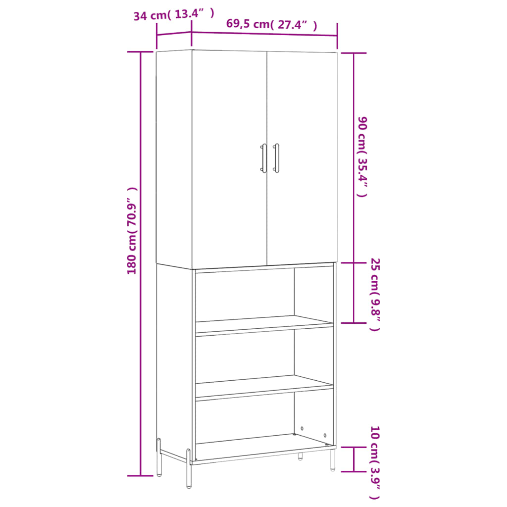 vidaXL Skříň highboard bílá 69,5 x 34 x 180 cm kompozitní dřevo