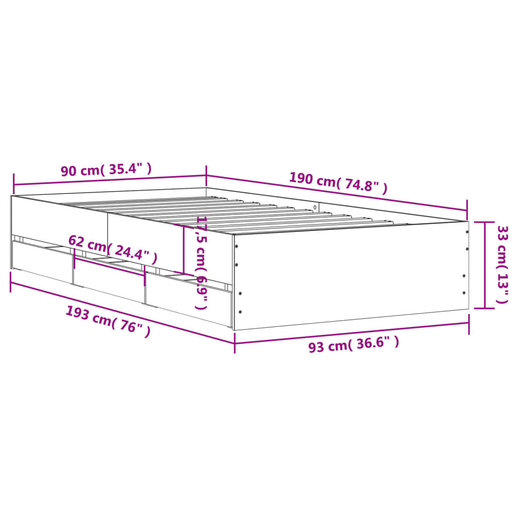 vidaXL Rám postele se zásuvkami šedý sonoma 90x190 cm kompozitní dřevo