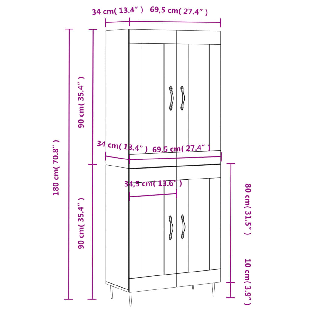 vidaXL Skříň highboard šedá sonoma 69,5 x 34 x 180 cm kompozitní dřevo