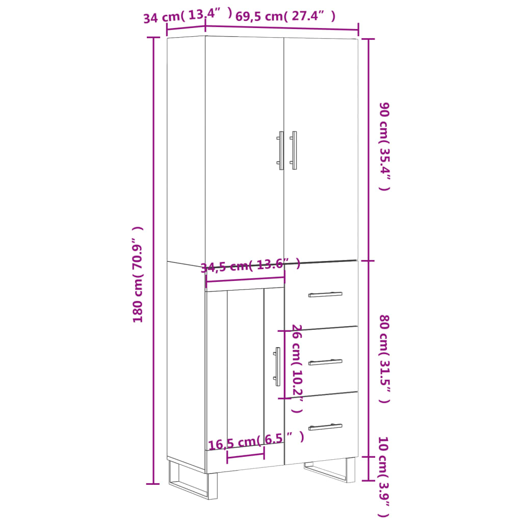 vidaXL Skříň highboard lesklá bílá 69,5 x 34 x 180 cm kompozitní dřevo