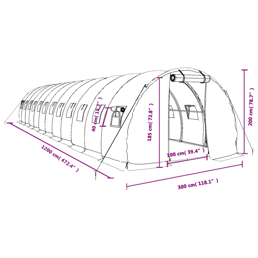 vidaXL Skleník s ocelovým rámem bílý 36 m² 12 x 3 x 2 m