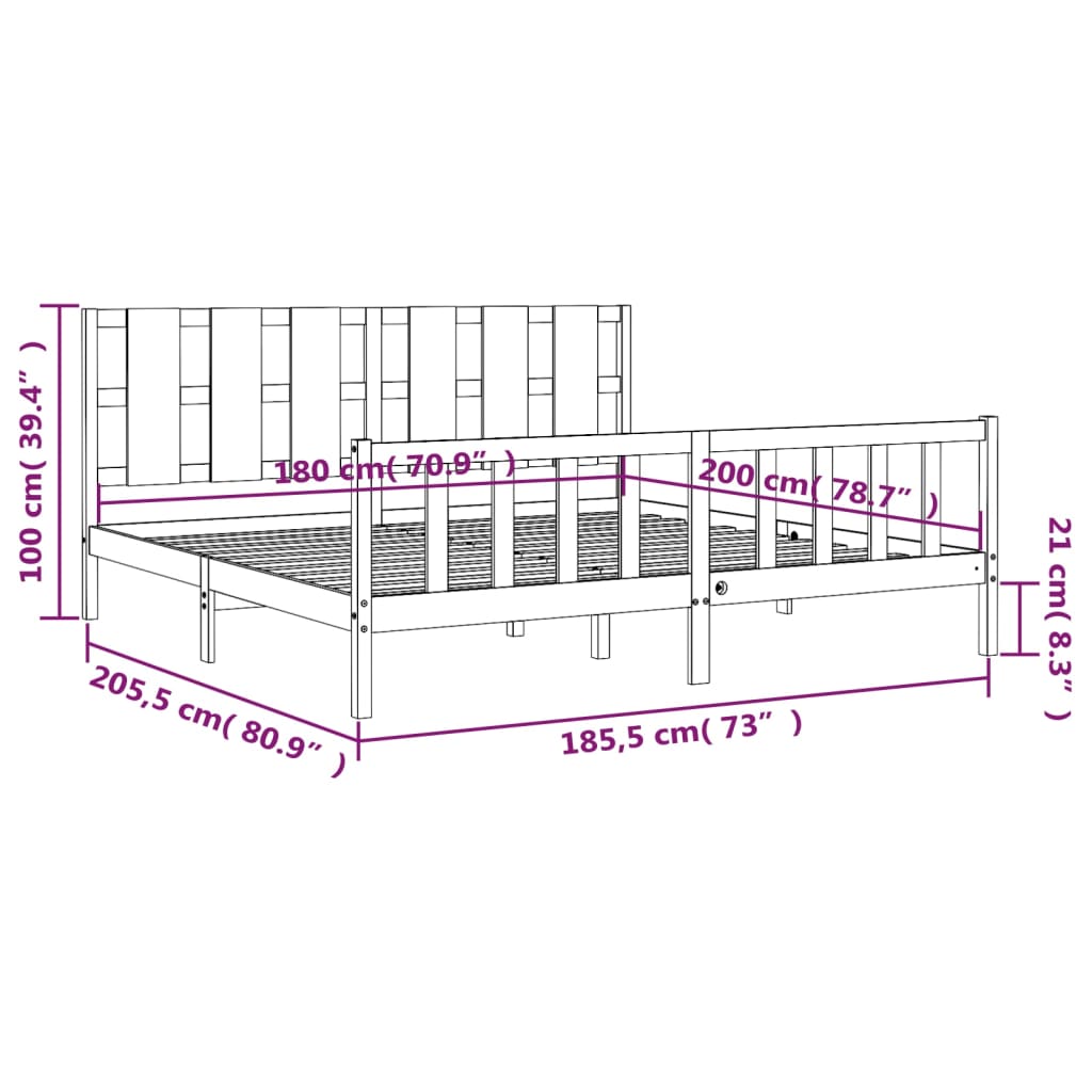 vidaXL Rám postele s čelem bílý 180 x 200 cm masivní dřevo