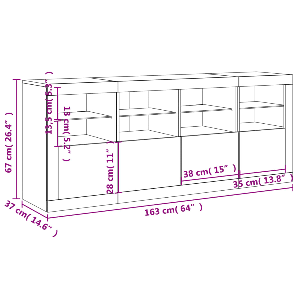 vidaXL Příborník s LED osvětlením bílý 163 x 37 x 67 cm