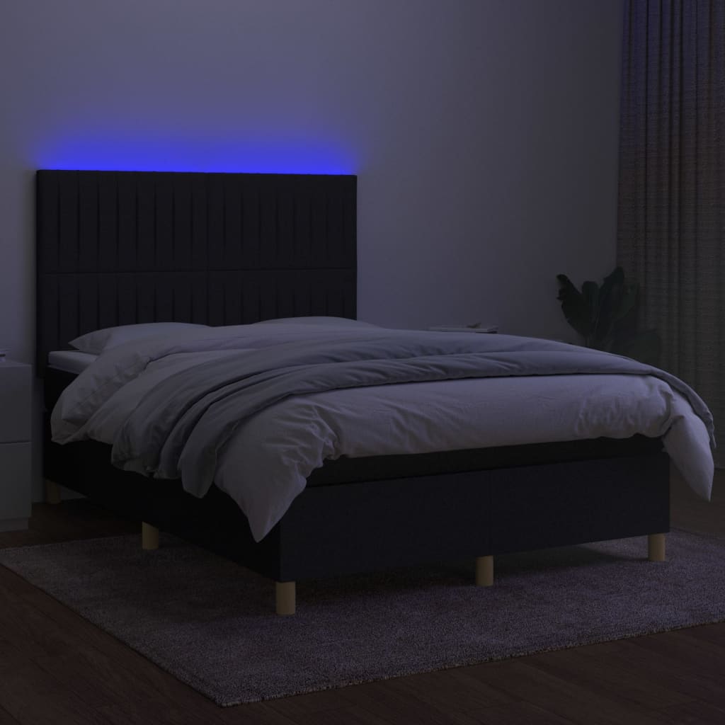 vidaXL Box spring postel s matrací a LED černá 140x200 cm textil