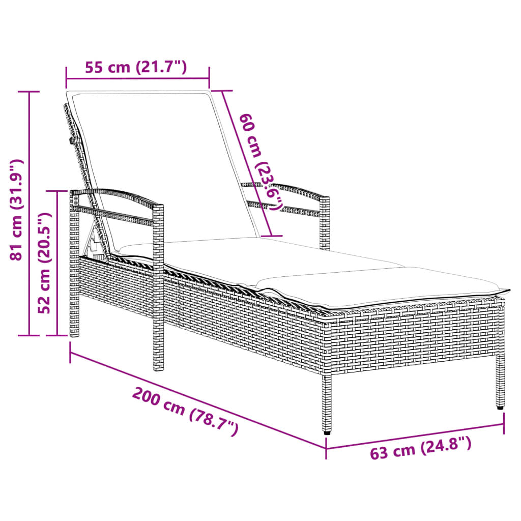 vidaXL Zahradní lehátko s poduškou béžové 63 x 200 x 81 cm polyratan