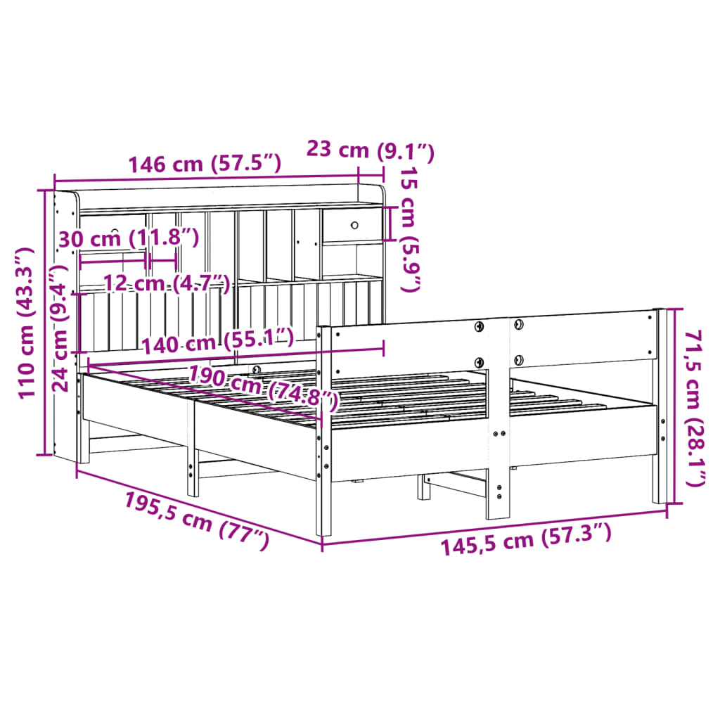 vidaXL Postel s knihovnou bez matrace 140 x 190 cm masivní borovice