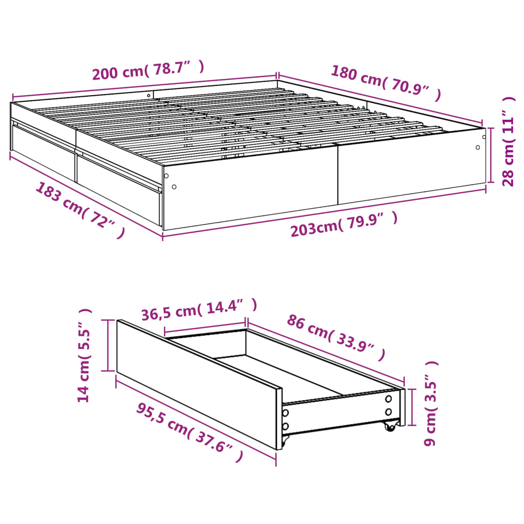 vidaXL Rám postele se zásuvkami kouřový dub 180 x 200 cm kompozit