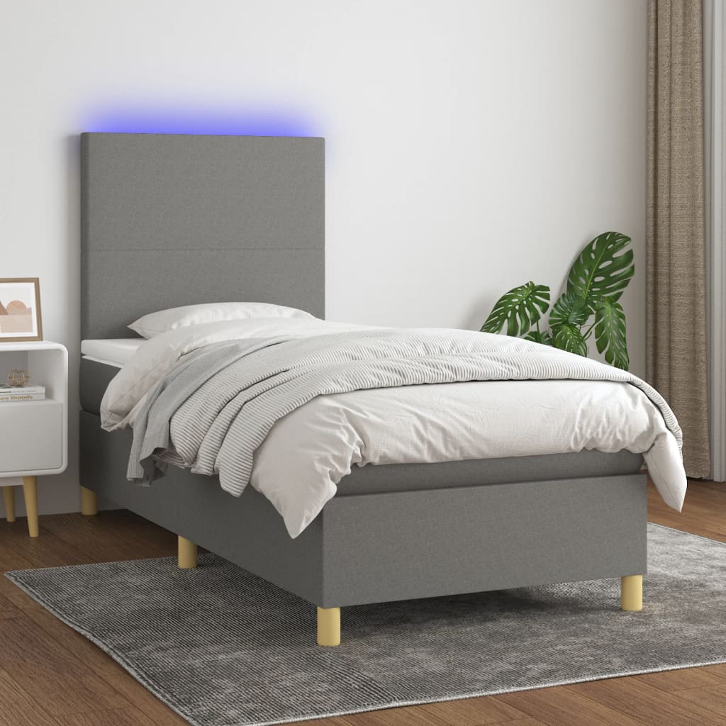 vidaXL Box spring postel s matrací a LED tmavě šedá 90x200 cm textil