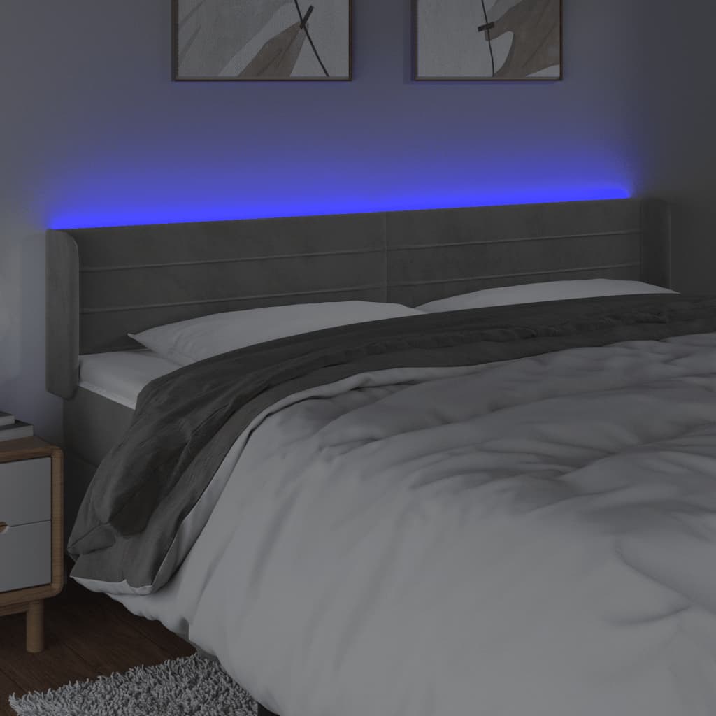 vidaXL Čelo postele s LED světle šedé 203 x 16 x 78/88 cm samet