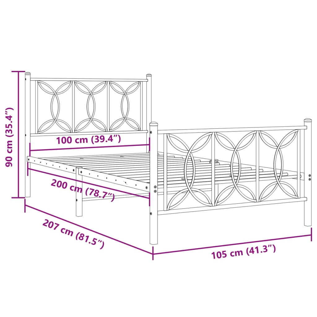 vidaXL Kovový rám postele s hlavovým a nožním čelem bílý 100 x 200 cm