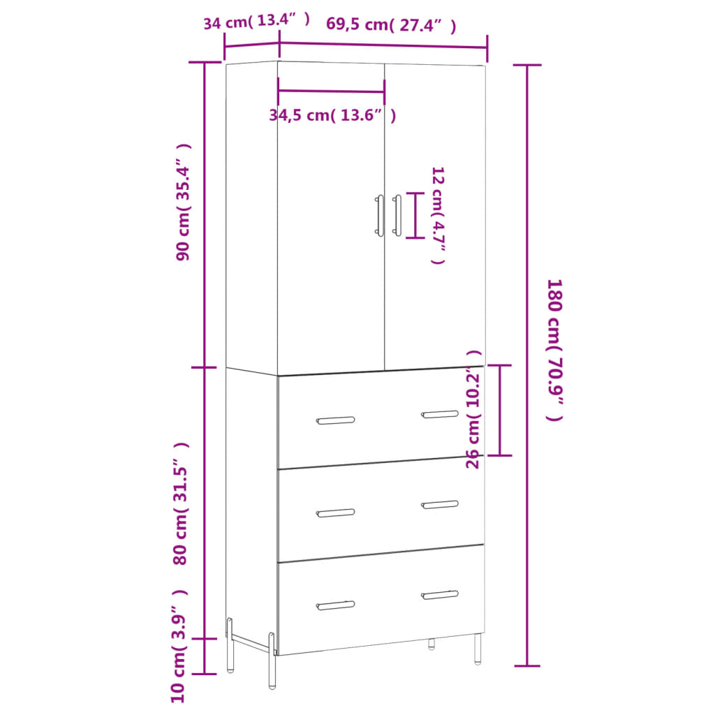 vidaXL Skříň highboard hnědý dub 69,5 x 34 x 180 cm kompozitní dřevo