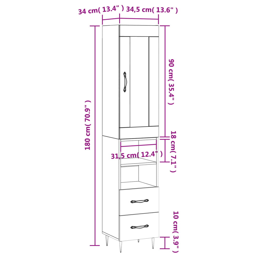 vidaXL Skříň highboard bílá 34,5 x 34 x 180 cm kompozitní dřevo