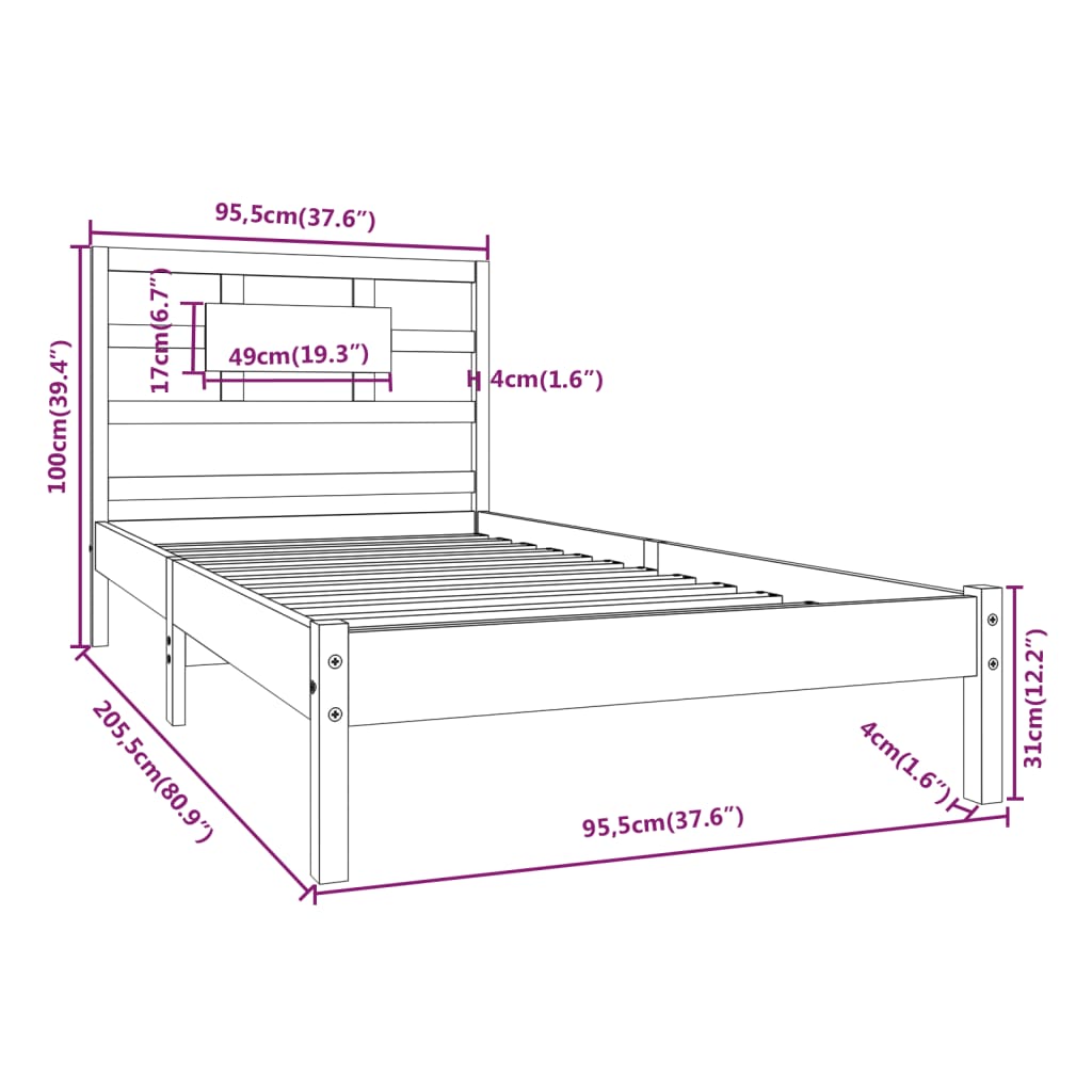 vidaXL Rám postele bílý masivní dřevo 90 x 200 cm