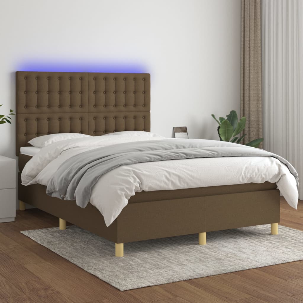 vidaXL Box spring postel s matrací a LED tmavě hnědá 140x200 cm textil